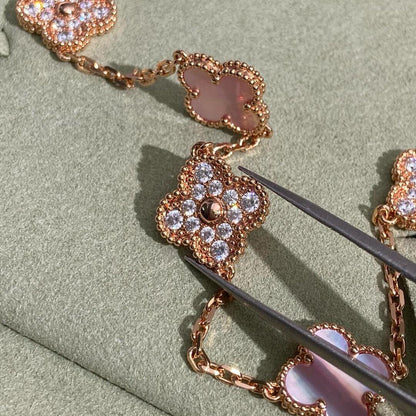 [Elite]CLOVER 10 MOTIFS DIAMOND PINK MOP NECKLACE