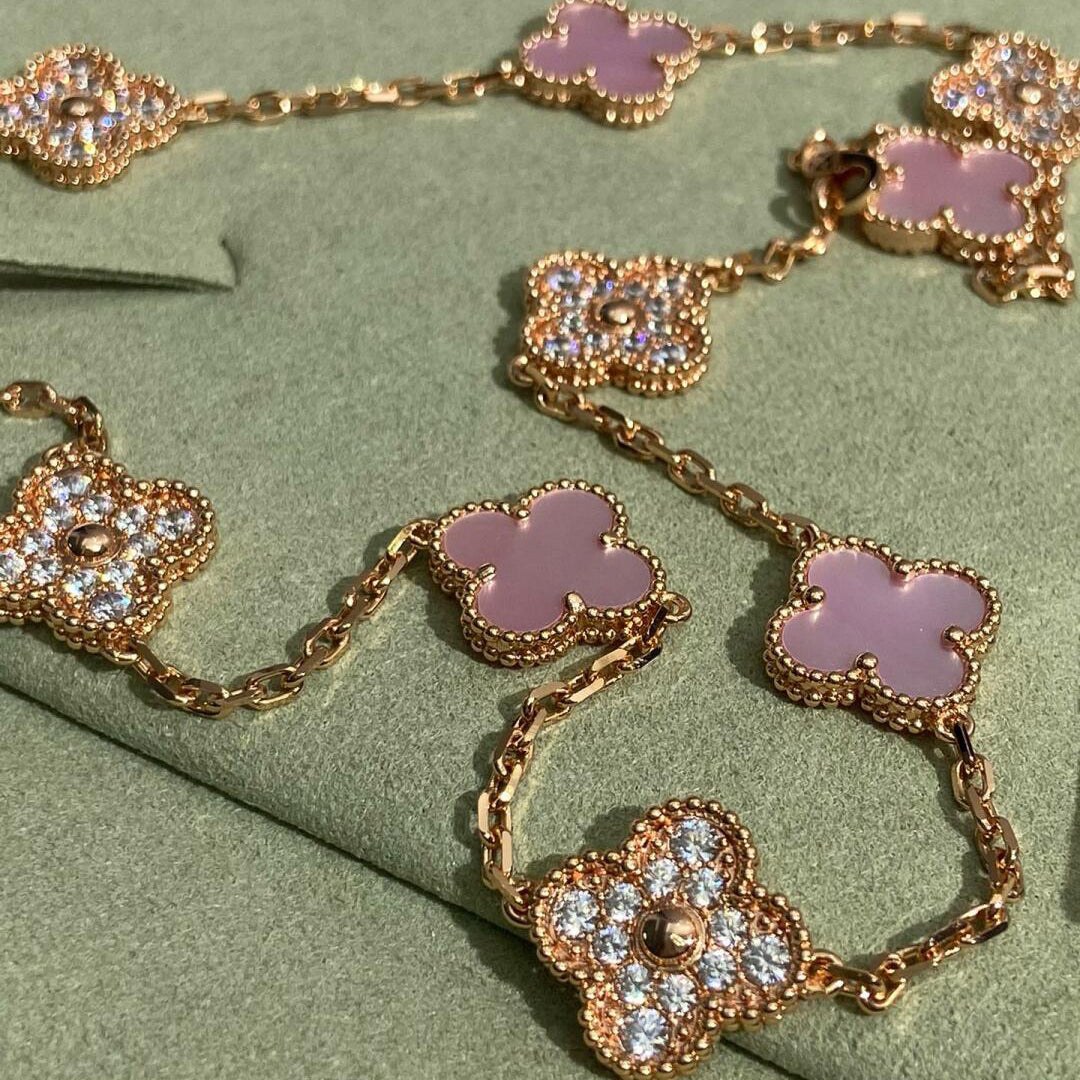 [Elite]CLOVER 10 MOTIFS DIAMOND PINK MOP NECKLACE