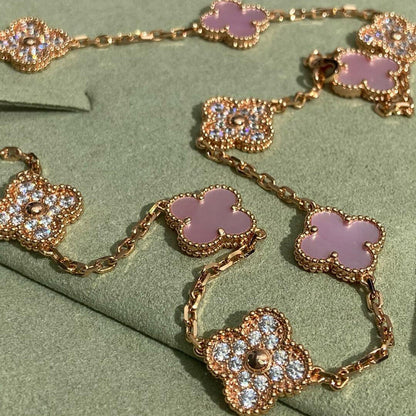 [Elite]CLOVER 10 MOTIFS DIAMOND PINK MOP NECKLACE