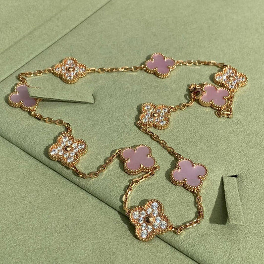 [Elite]CLOVER 10 MOTIFS DIAMOND PINK MOP NECKLACE