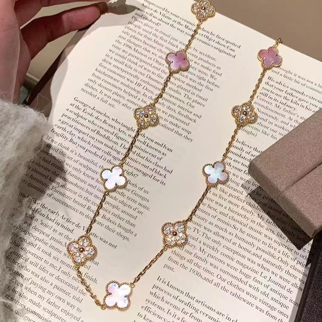 [Elite]CLOVER 20 MOTIFS DIAMOND PINK MOP NECKLACE