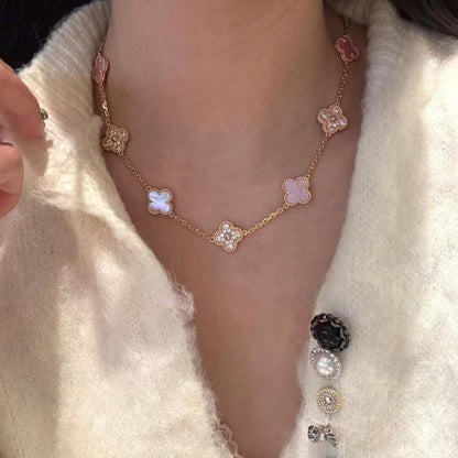 [Elite]CLOVER 10 MOTIFS DIAMOND PINK MOP NECKLACE