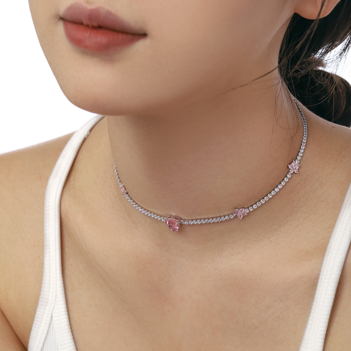 [Elite]Dazzling Pink Heart Flower Necklace