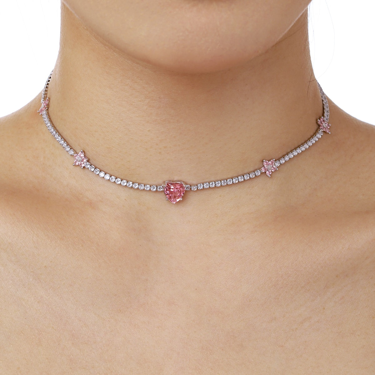 [Elite]Dazzling Pink Heart Flower Necklace
