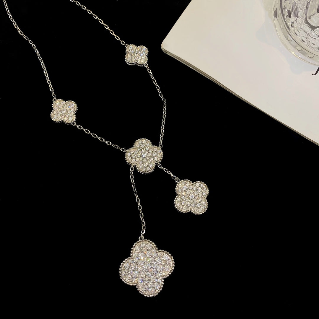 [Elite]CLOVER 5 MOTIFS SILVER DIAMONDS NECKLACE