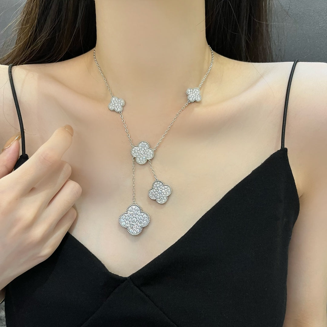 [Elite]CLOVER 5 MOTIFS SILVER DIAMONDS NECKLACE