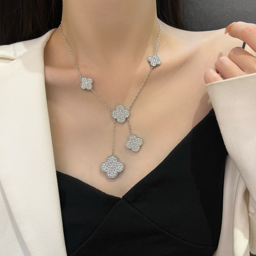 [Elite]CLOVER 5 MOTIFS SILVER DIAMONDS NECKLACE