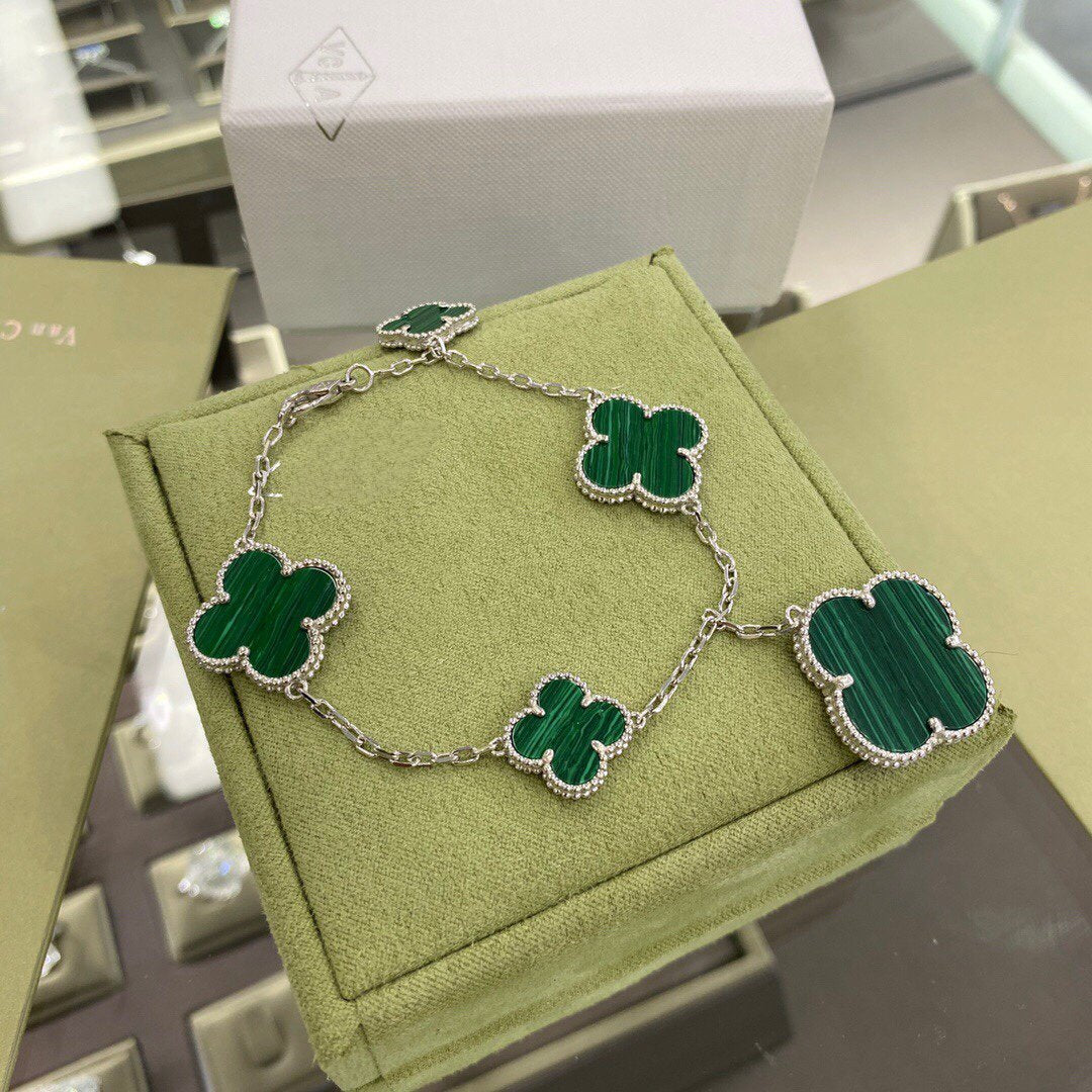[Elite]CLOVER 5 MOTIFS SIVLER MALACHITE BRACELET