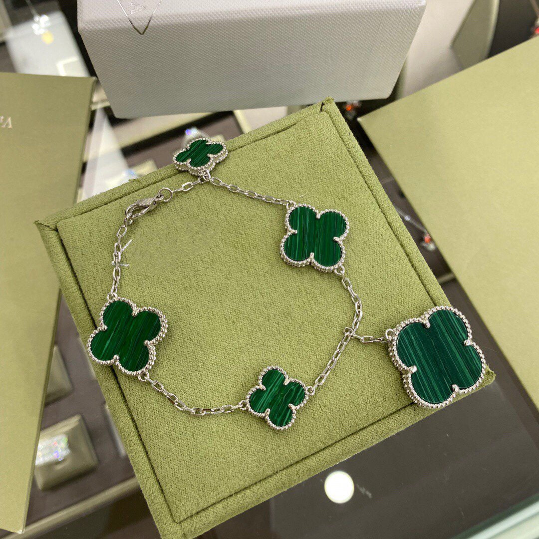[Elite]CLOVER 5 MOTIFS SIVLER MALACHITE BRACELET