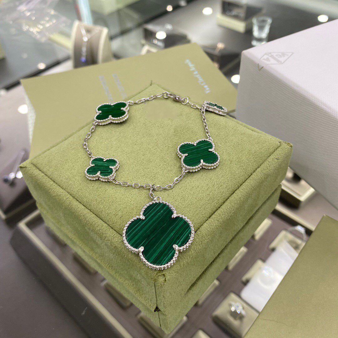 [Elite]CLOVER 5 MOTIFS SIVLER MALACHITE BRACELET