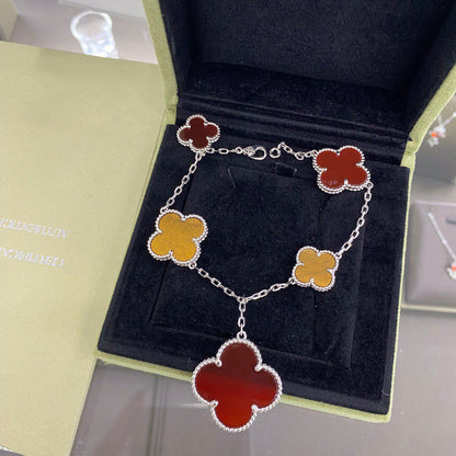 [Elite]CLOVER 5 MOTIFS SIVLER CARNELIAN TIGER EYE BRACELET
