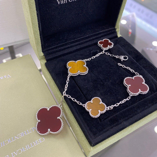 [Elite]CLOVER 5 MOTIFS SIVLER CARNELIAN TIGER EYE BRACELET