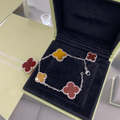 [Elite]CLOVER 5 MOTIFS SIVLER CARNELIAN TIGER EYE BRACELET