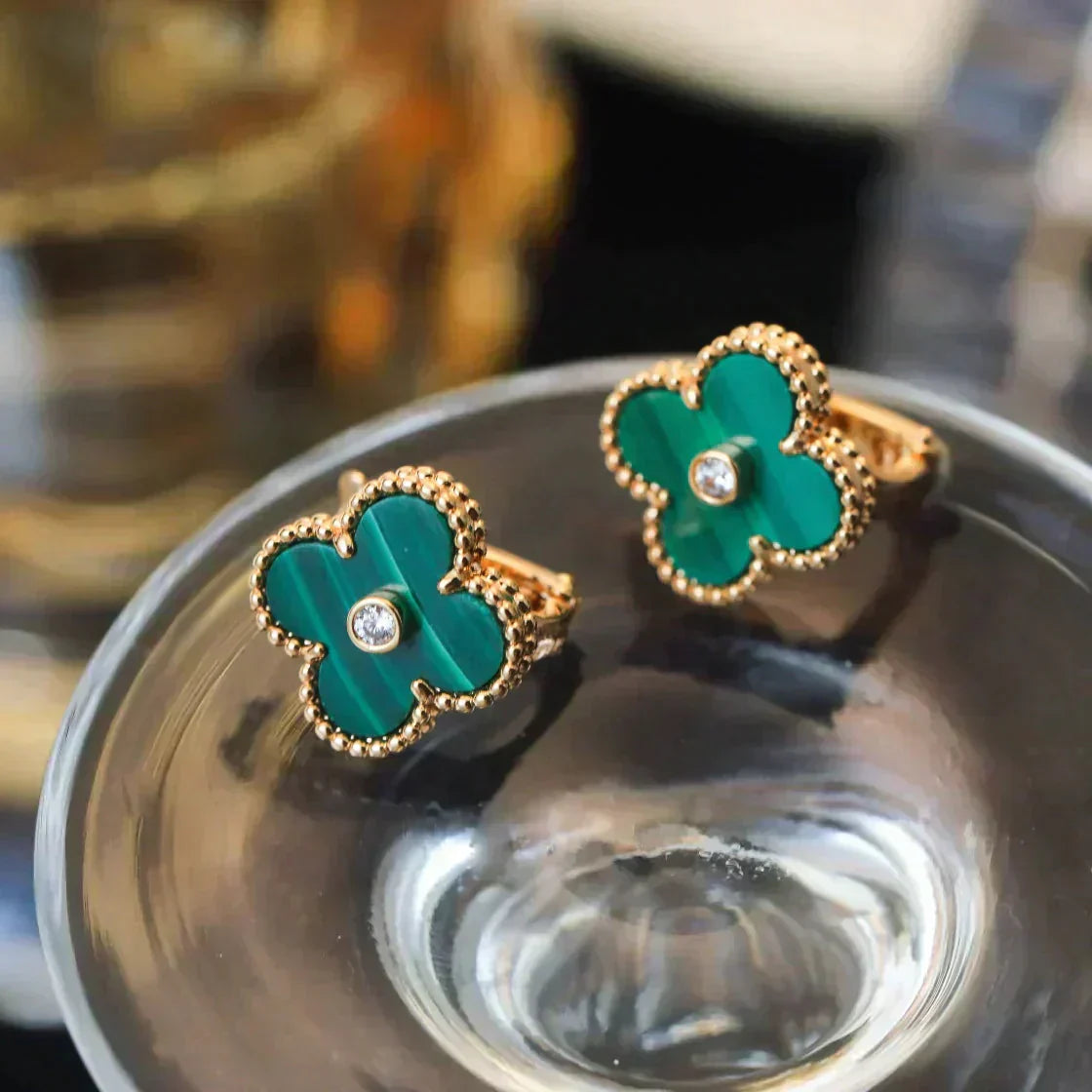 [Elite]CLOVER MEDIUM 1 MOTIFS MALACHITE DIAMOND EARRINGS