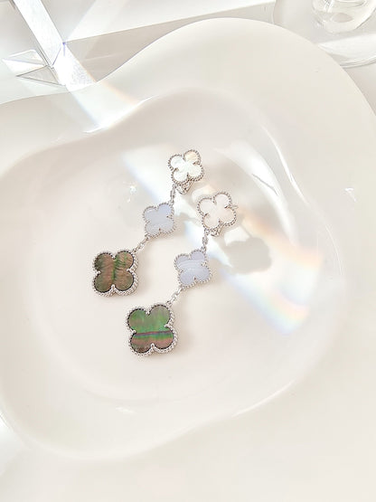 [Elite]CLOVER 3 MOTIFS CHALCEDONY DARK MOP SILVER EARRINGS