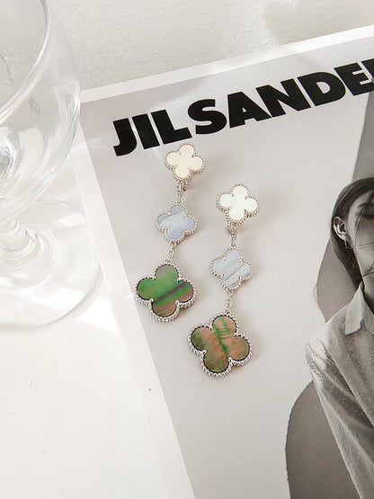 [Elite]CLOVER 3 MOTIFS CHALCEDONY DARK MOP SILVER EARRINGS