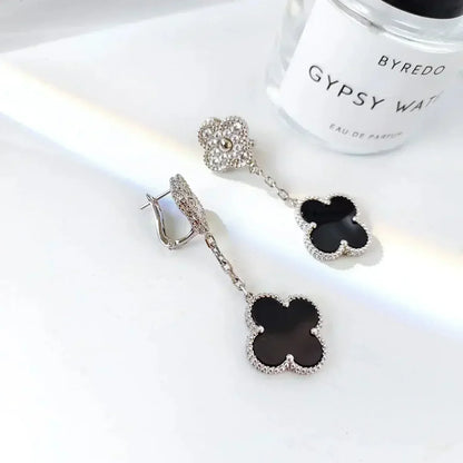 [Elite]CLOVER 2 MOTIFS  DIAMOND ONYX EARRINGS SILVER