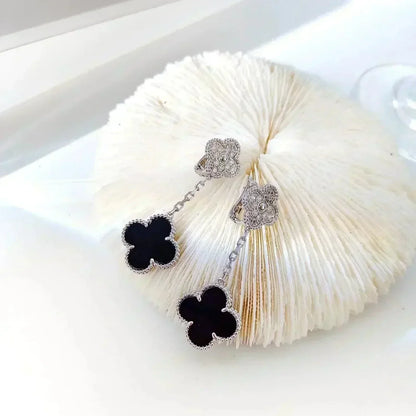 [Elite]CLOVER 2 MOTIFS  DIAMOND ONYX EARRINGS SILVER