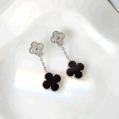 [Elite]CLOVER 2 MOTIFS  DIAMOND ONYX EARRINGS SILVER