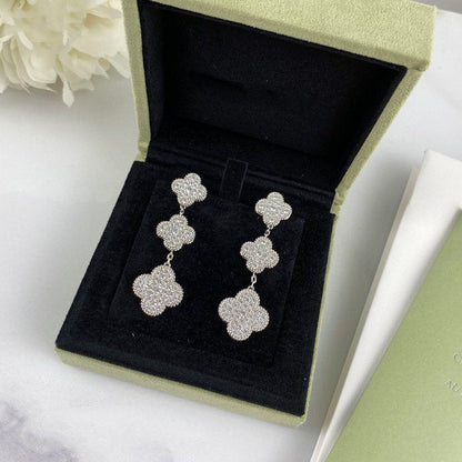 [Elite]CLOVER 3 MOTIF DIAMOND SILVER DROP EARRINGS