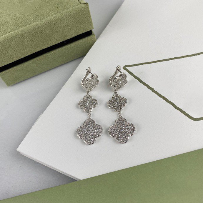 [Elite]CLOVER 3 MOTIF DIAMOND SILVER DROP EARRINGS