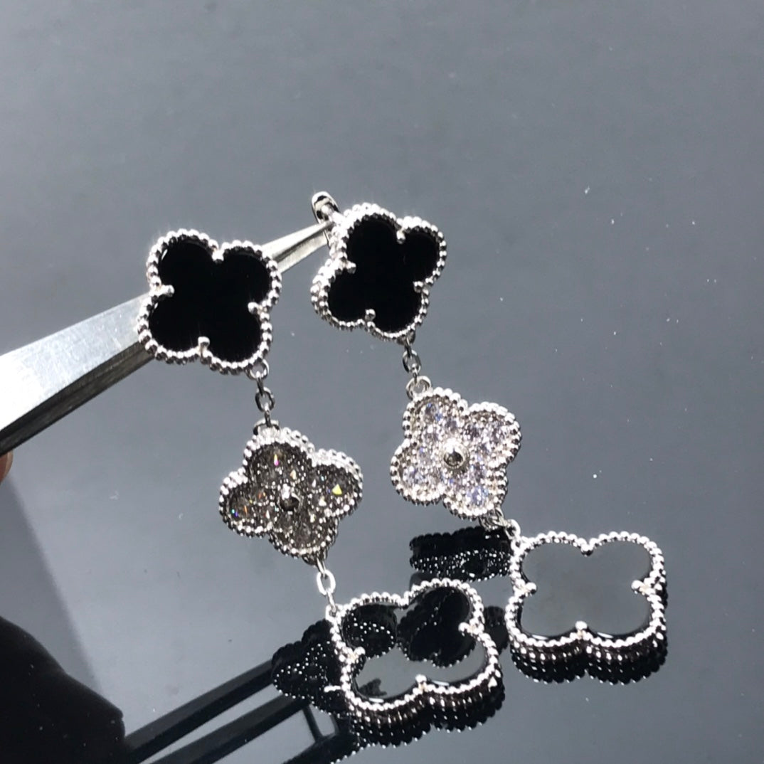 [Elite]CLOVER 3 MOTIF DIAMOND ONYX SILVER EARRINGS