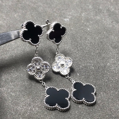 [Elite]CLOVER 3 MOTIF DIAMOND ONYX SILVER EARRINGS