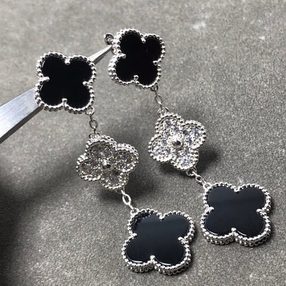 [Elite]CLOVER 3 MOTIF DIAMOND ONYX SILVER EARRINGS