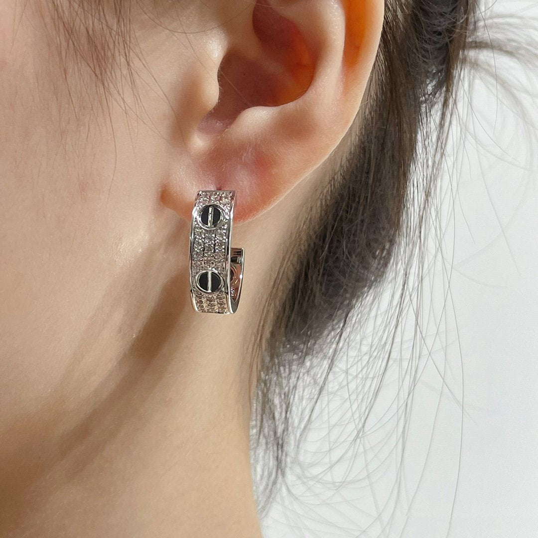 [Elite]LOVE CERAMIC DIAMOND PAVED SILVER EARRINGS
