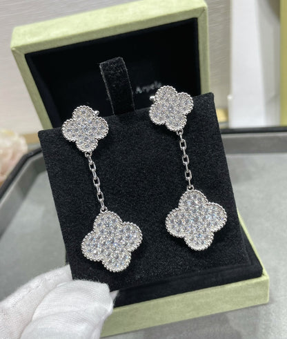 [Elite]CLOVER 2 MOTIFS DIAMOND PAVED SILVER EARRINGS