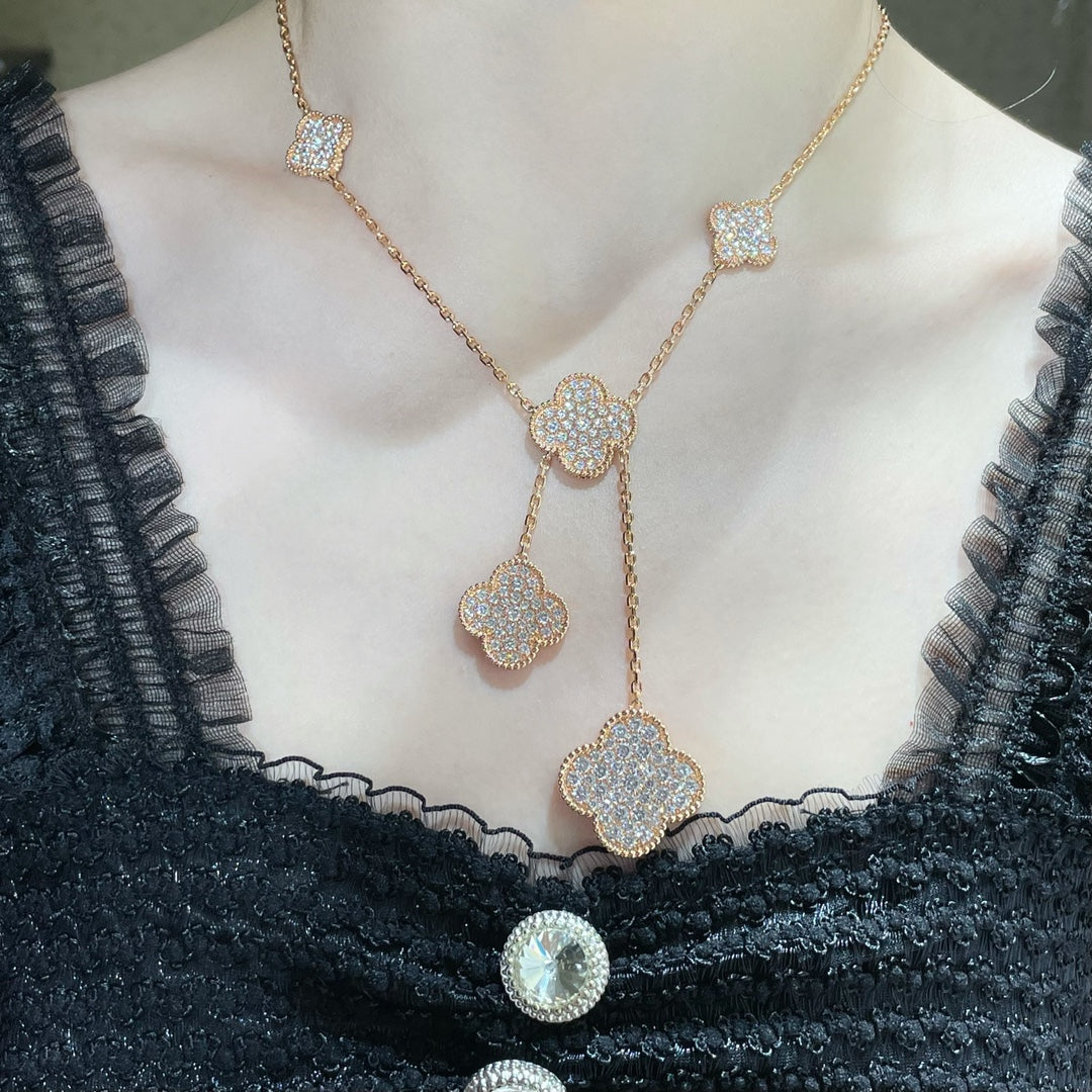 [Elite]CLOVER 6 MOTIF DIAMOND PAVED NECKLACE