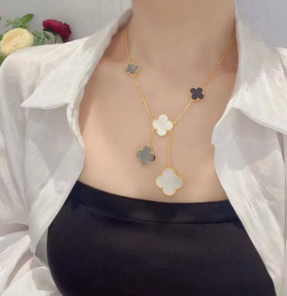 [Elite]CLOVER 6 MOTIF MOP ONYX GOLD NECKLACE
