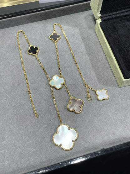 [Elite]CLOVER 6 MOTIF MOP ONYX GOLD NECKLACE