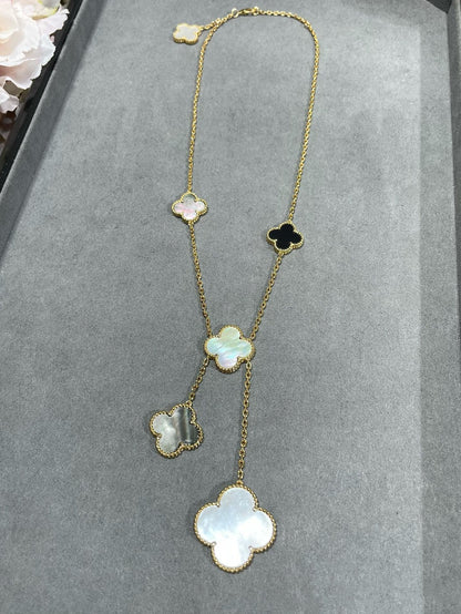 [Elite]CLOVER 6 MOTIF MOP ONYX GOLD NECKLACE