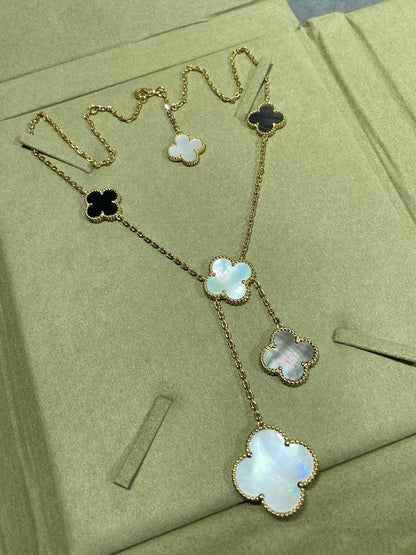 [Elite]CLOVER 6 MOTIF MOP ONYX GOLD NECKLACE