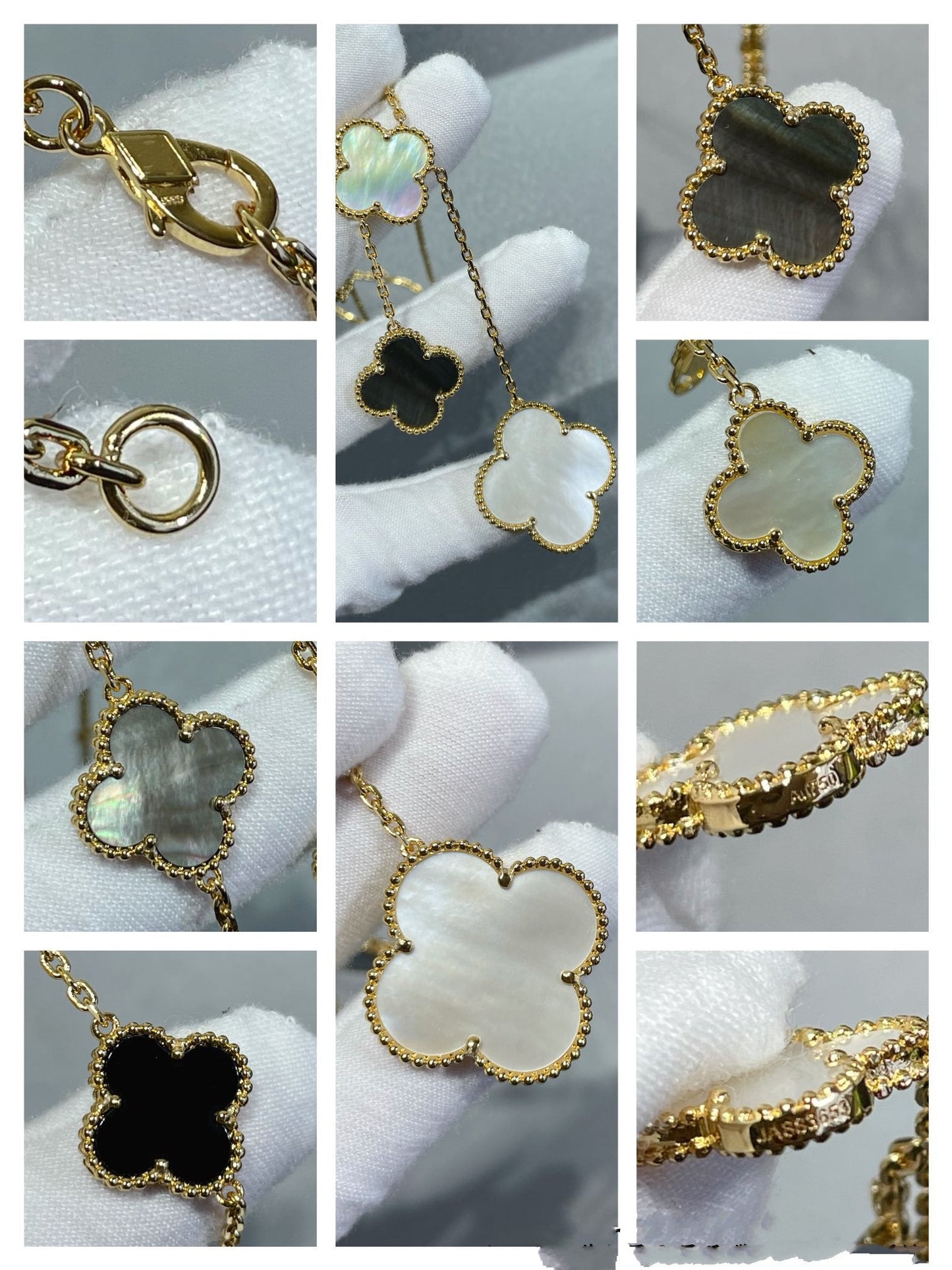 [Elite]CLOVER 6 MOTIF MOP ONYX GOLD NECKLACE