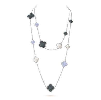 [Elite]CLOVER 16 MOTIF CHALCEDONY MOP SILVER NECKLACE