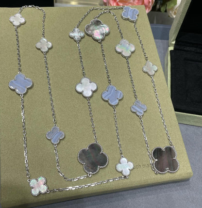 [Elite]CLOVER 16 MOTIF CHALCEDONY MOP SILVER NECKLACE