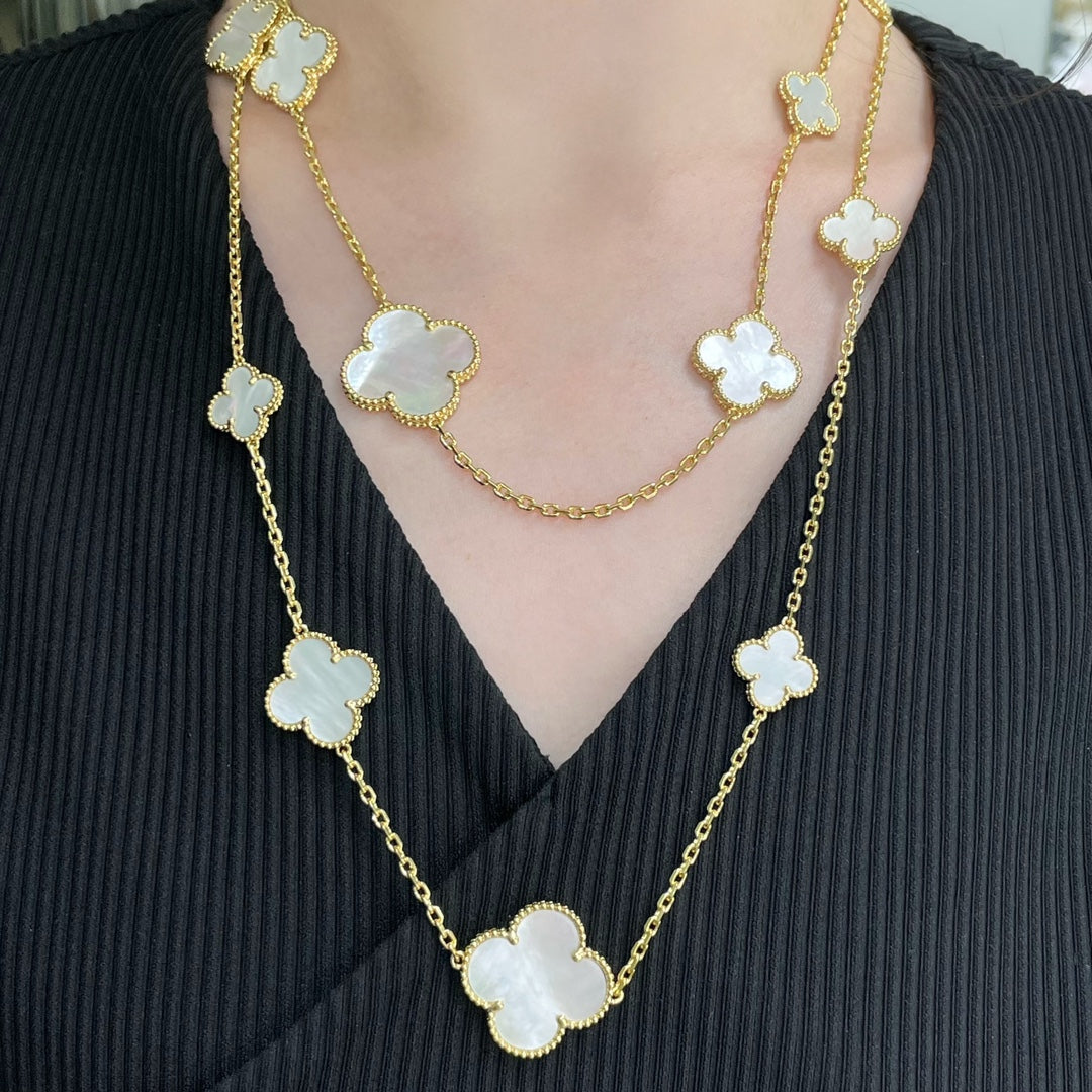 [Elite]CLOVER 16 MOTIF WHITE MOP GOLD NECKLACE