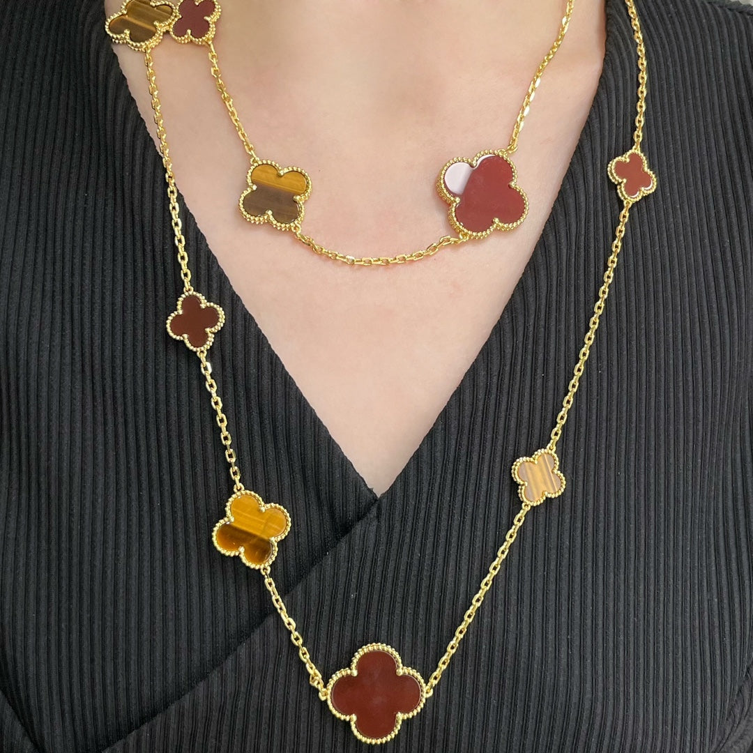 [Elite]CLOVER 16 MOTIF CARNELIAN TIGER EYE ROSE GOLD NECKLACE