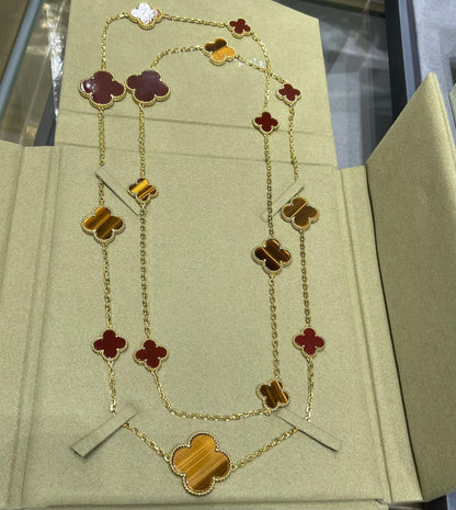 [Elite]CLOVER 16 MOTIF CARNELIAN TIGER EYE ROSE GOLD NECKLACE