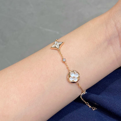 [Elite]STAR AND SUN 4 MOTIF WHITE MOP PINK GOLD BRACELET