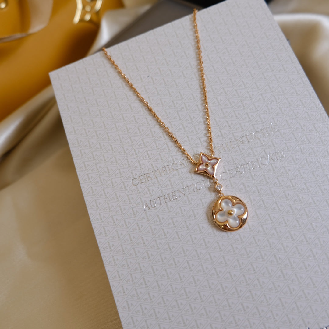 [Elite]STAR AND SUN WHITE MOP 2 MOTIF PINK GOLD NECKLACE