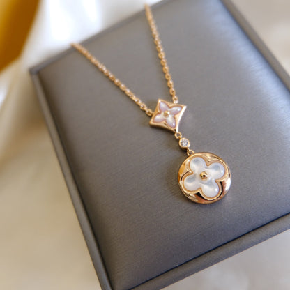[Elite]STAR AND SUN WHITE MOP 2 MOTIF PINK GOLD NECKLACE