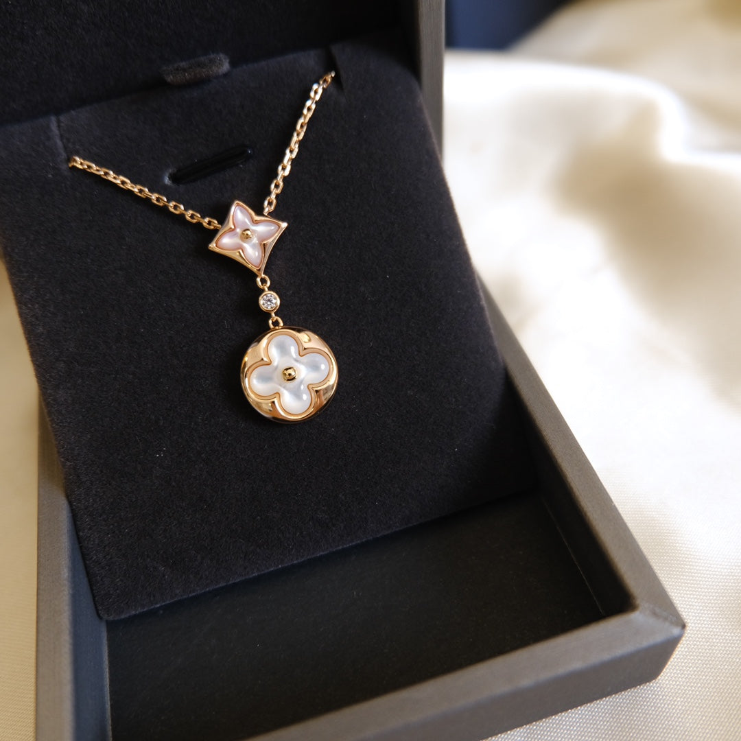 [Elite]STAR AND SUN WHITE MOP 2 MOTIF PINK GOLD NECKLACE