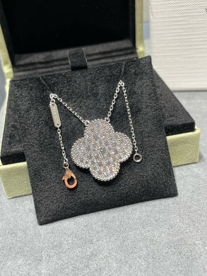 [Elite]CLOVER 25MM LARGE PENDANT DIAMOND PAVED SILVER NECKLACE