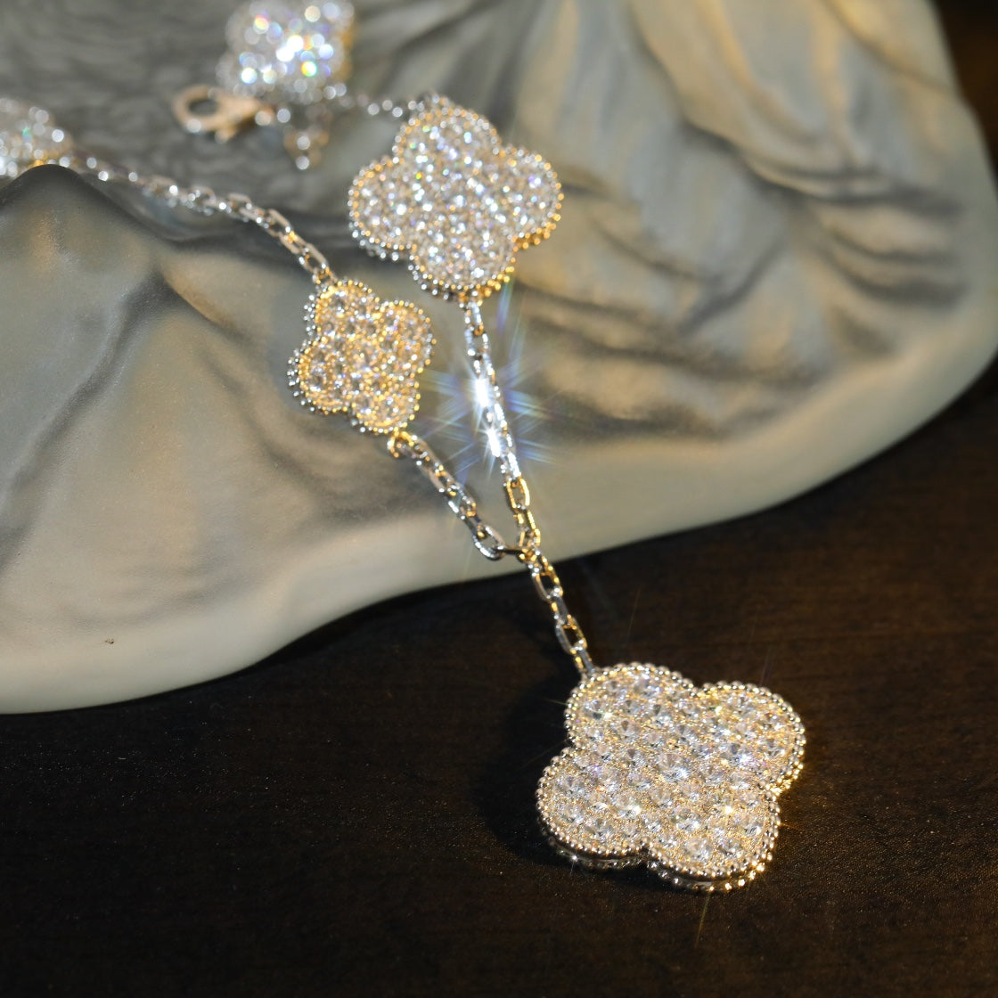 [Elite]CLOVER BRACELET 5 MOTIF SILVER DIAMOND PAVED