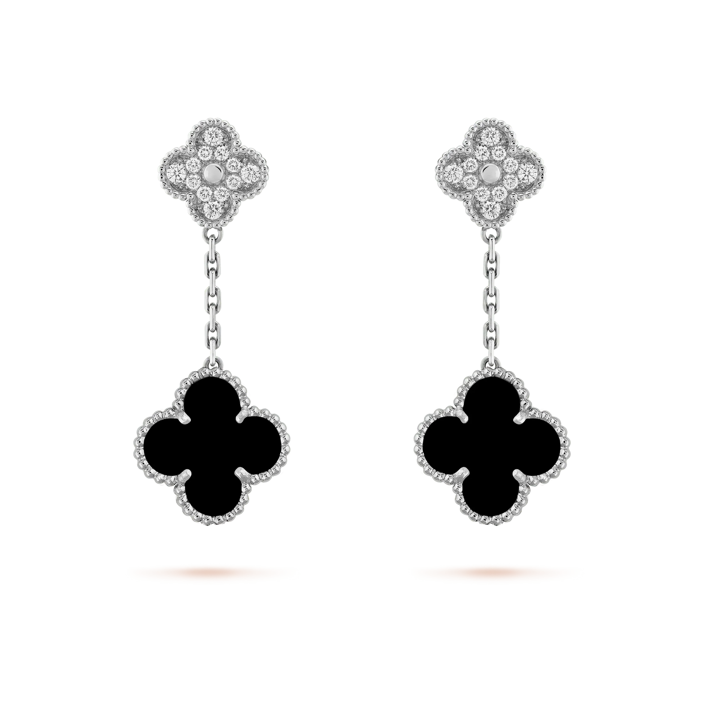 [Elite]CLOVER 2 MOTIFS  DIAMOND ONYX EARRINGS SILVER