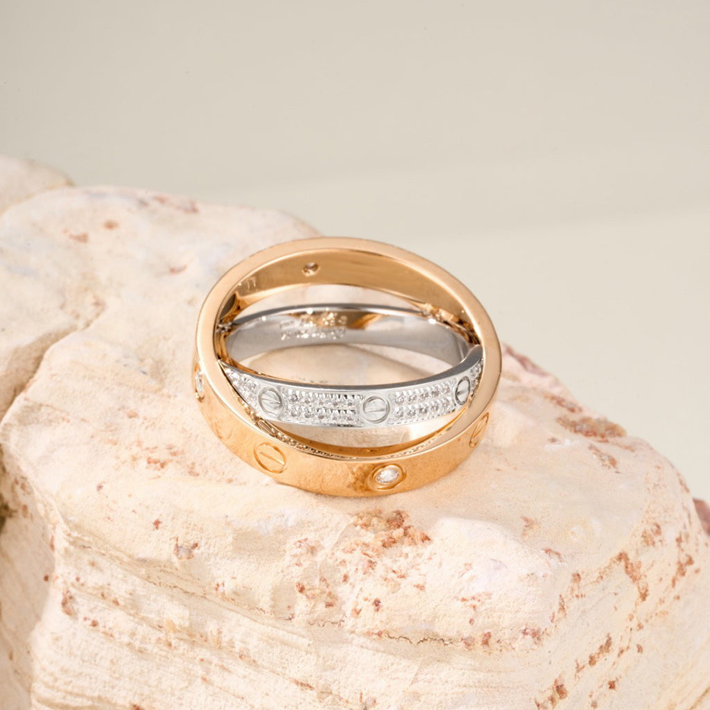 [Elite]LOVE PINK GOLD SILVER DIAMOND DOUBLE RING