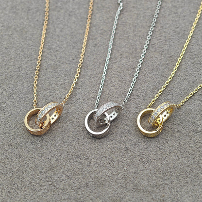 [Elite]LOVE DOUBLE RING HALF DIAMOND NECKLACE